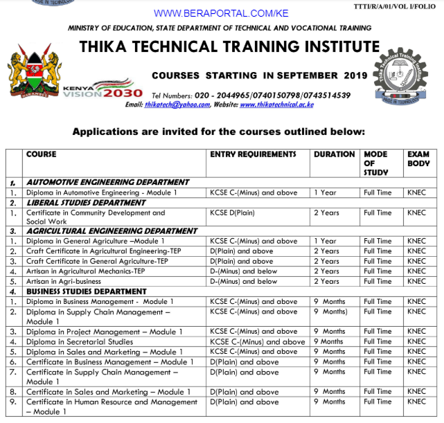 Thika TTI Course Schedules for registration